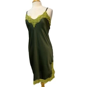 KAOS Made in Italy Slip Dress Deep Green Satiny Polyester Lime Green Lace, 40/M